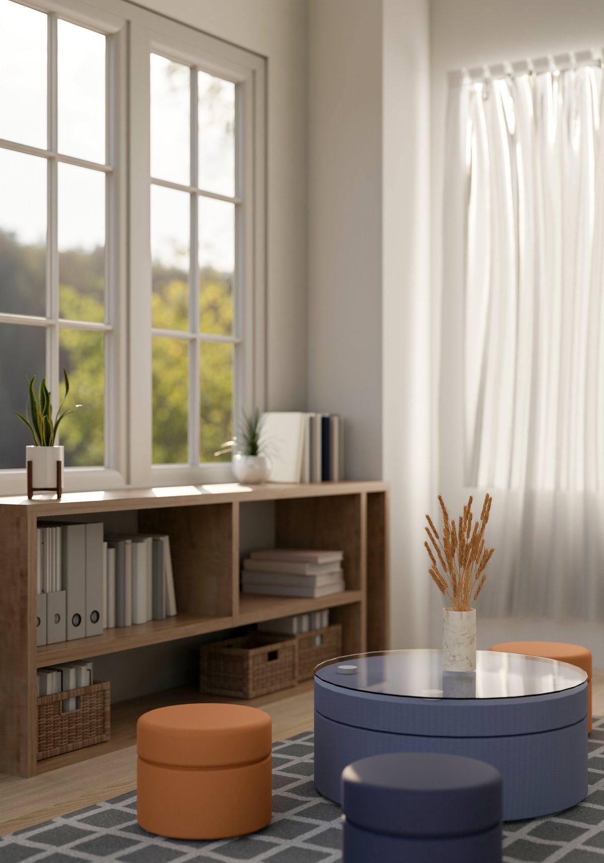 Cozy reading nook with a low bookcase by the window, colorful chairs, and a coffee table in a warmly lit minimalist interior