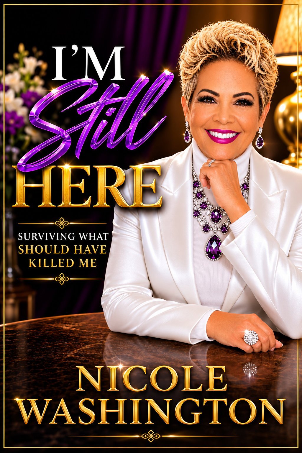 Book cover for I'm Still Here by Nicole Washington featuring a woman in white blazer with blonde hair and purple jewelry against a luxurious dark background